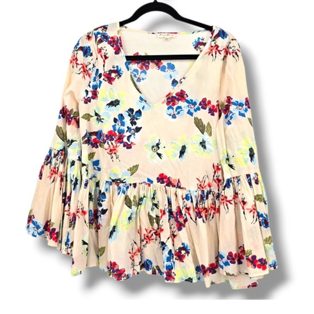 Jane & Delancey Floral Print V Neck Bell Sleeve Peplum Blouse Top Women L
